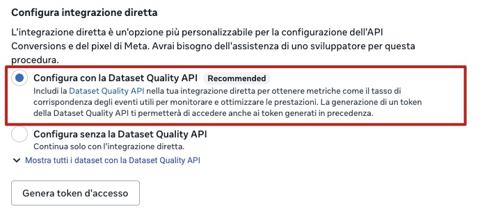 Generazione dell’access token dalla sezione Conversions API in Events Manager