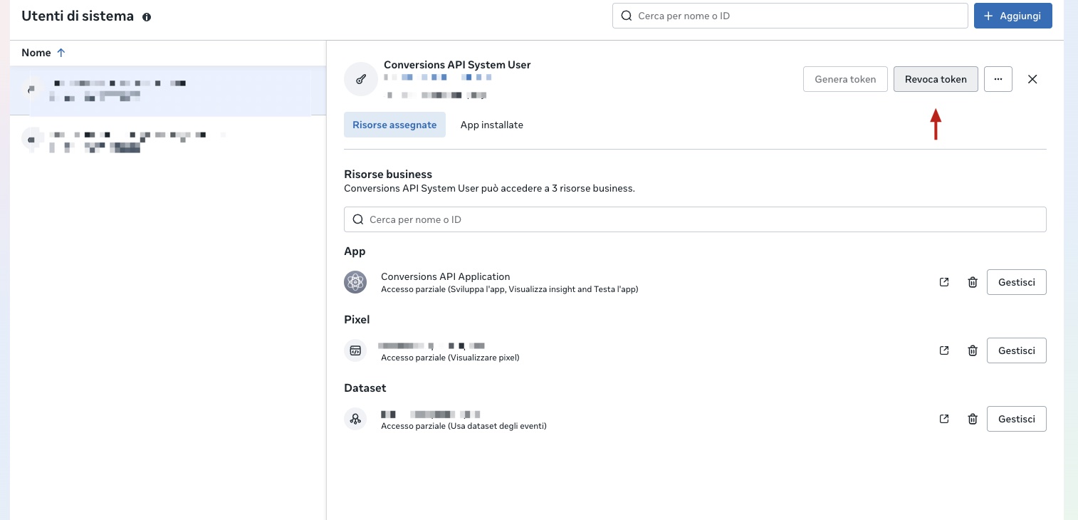 Pagina degli utenti di sistema del Business Manager con il pulsante di revoca dei token